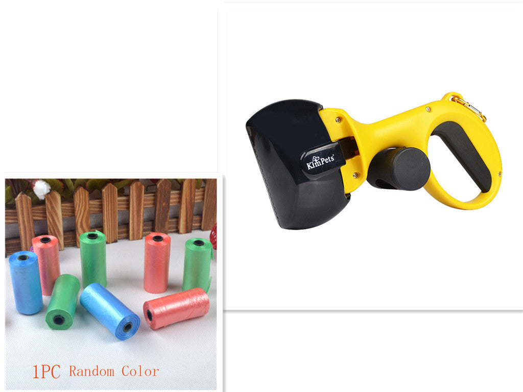 Black and yellow portable dog waste scooper isolated on white background