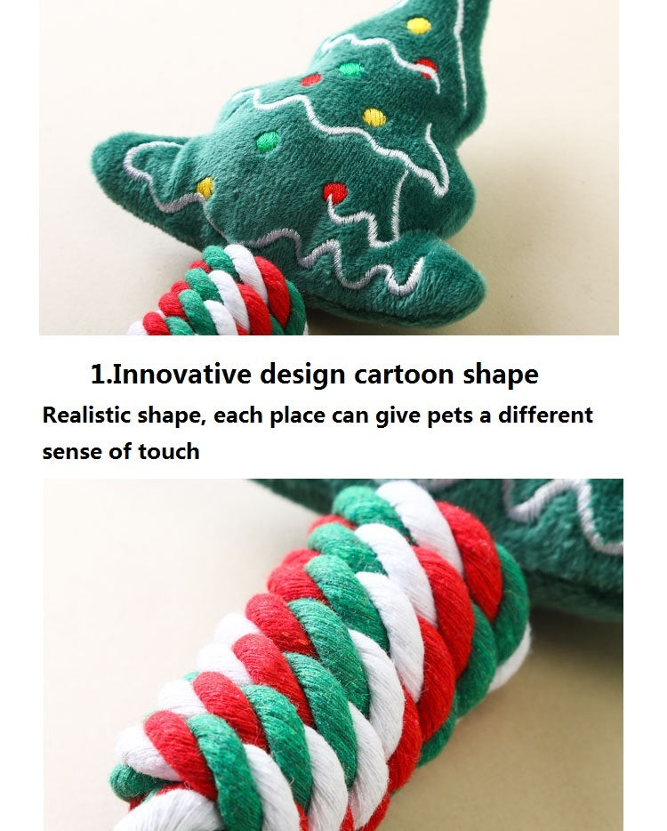 Close-up of a plush Christmas tree dog toy with cotton rope handle showing embroidery details