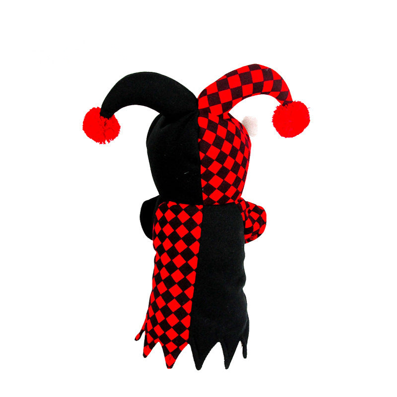 Back view of jester pet costume showing alternating black and red checkered pattern and jagged hem