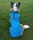 Load image into Gallery viewer, Side profile of a dog wearing a blue quilted winter jacket standing on grass
