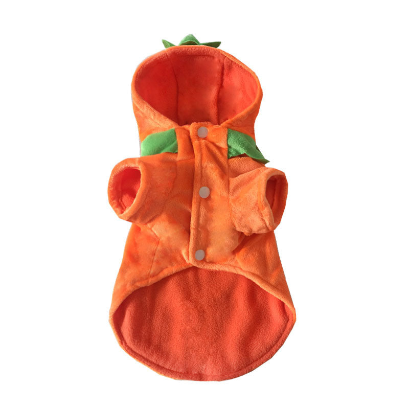 Flat lay back view of the orange pumpkin dog hoodie costume showing soft fleece fabric and snap closure buttons