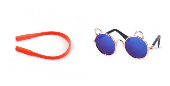 Red silicone strap for sunglasses beside cat ear round sunglasses with rainbow mirrored lenses