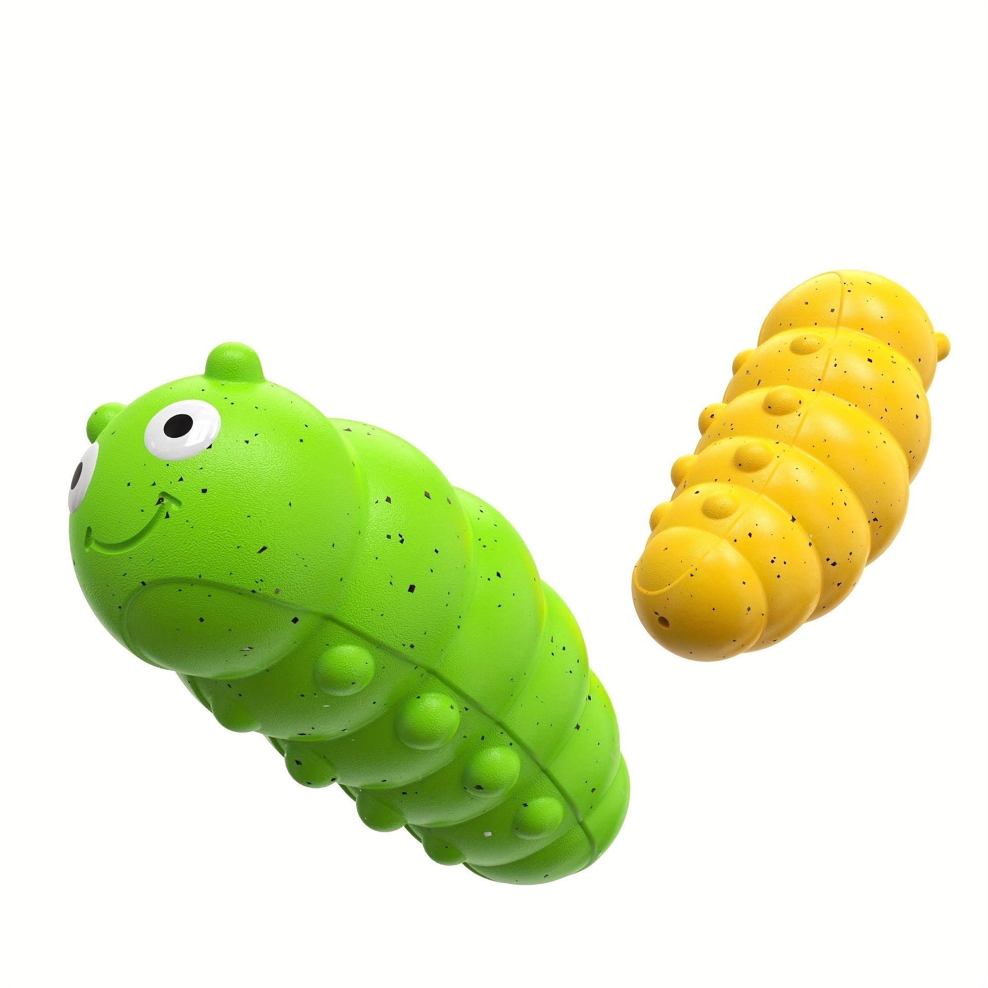 Happy dog holding yellow bug-shaped toy while standing outdoors on a sunny day  