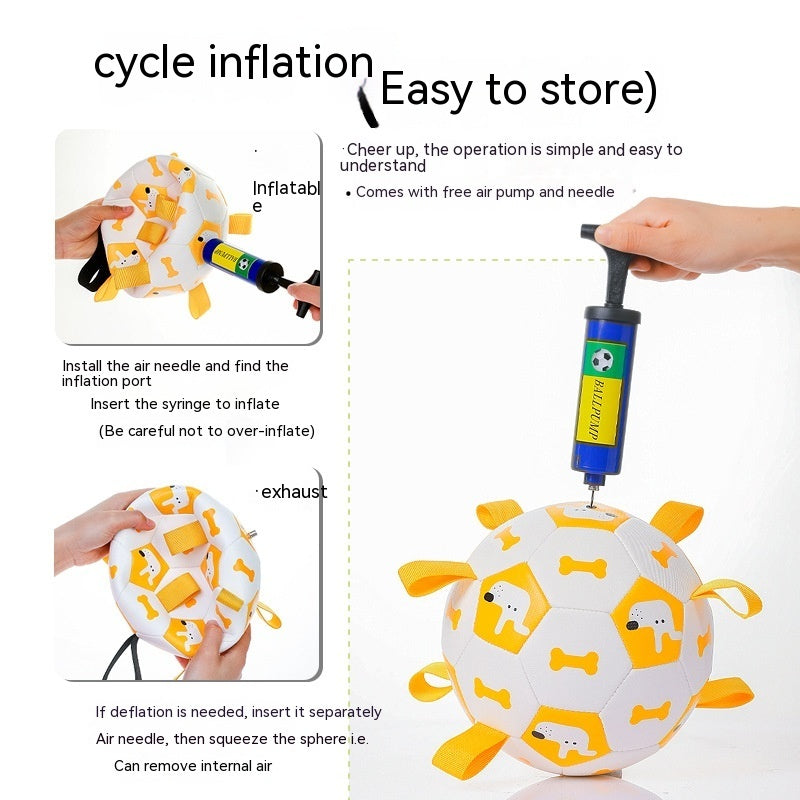 Close-up showing inflation of white and yellow dog toy ball using a pump needle