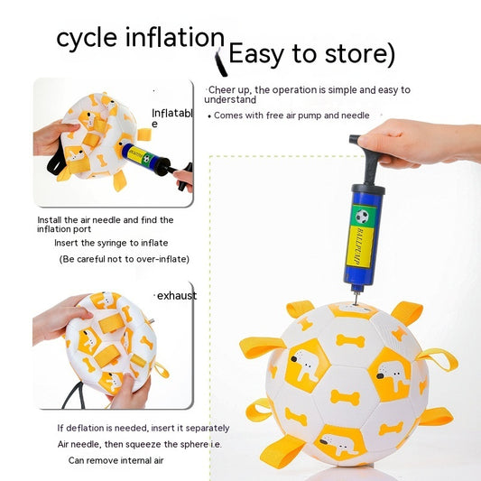 Close-up showing inflation of white and yellow dog toy ball using a pump needle