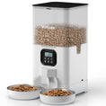 Load image into Gallery viewer, White automatic pet food feeder with transparent container and digital control panel dispensing food into two bowls

