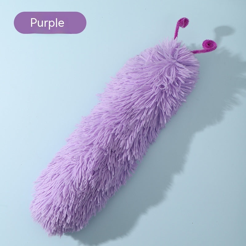 Purple plush caterpillar cat toy shown on light blue background