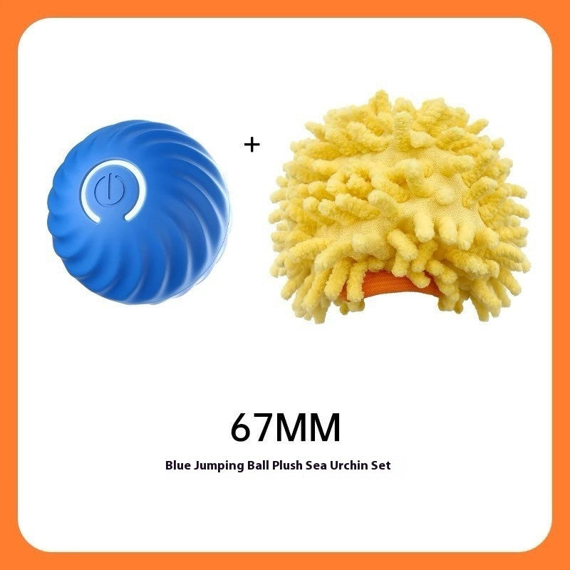 Blue LED jumping ball with yellow plush sea urchin cover labeled 67MM size