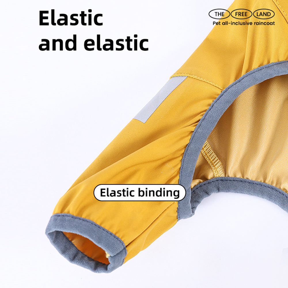 Close-up of yellow dog raincoat sleeve showing elastic binding around leg opening