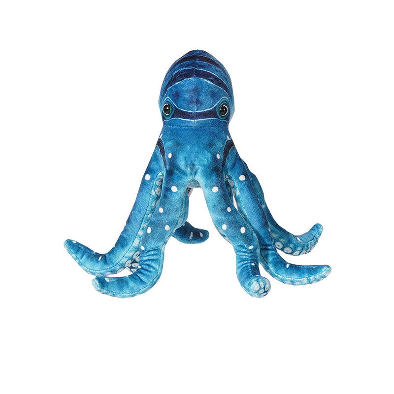 Close-up of a blue octopus plush cat toy with detailed tentacles and white polka dot accents against a white background