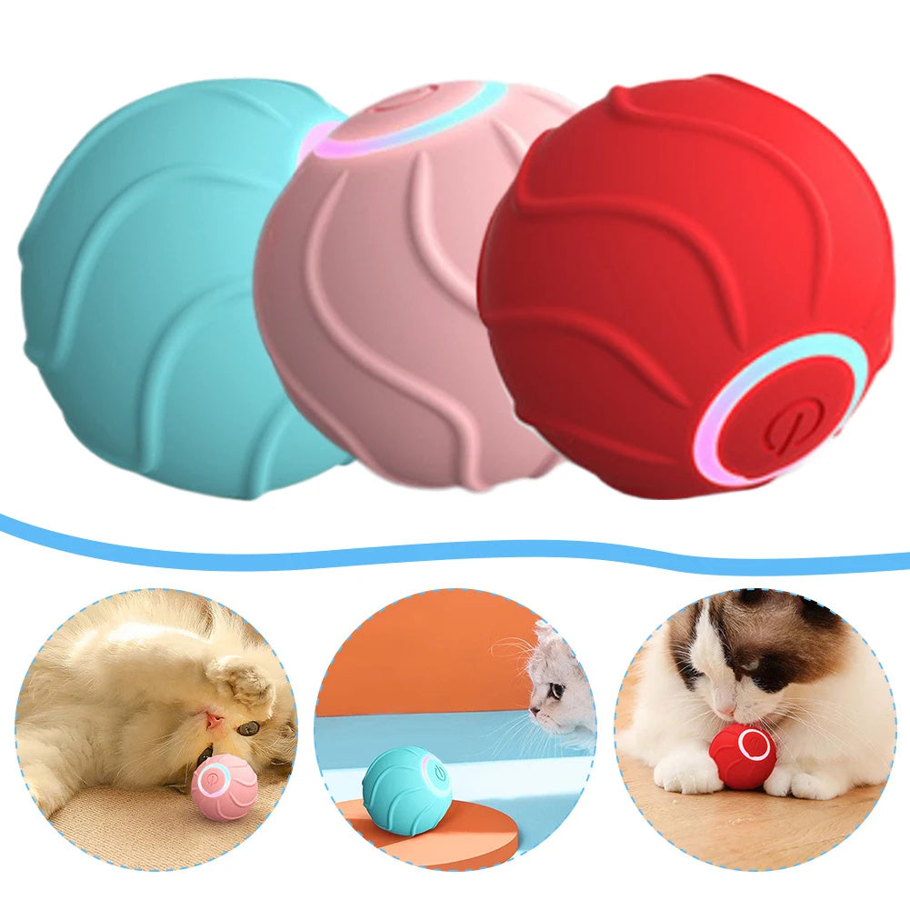 Three silicone cat toy balls in blue, pink, and red colors with cats playing around them