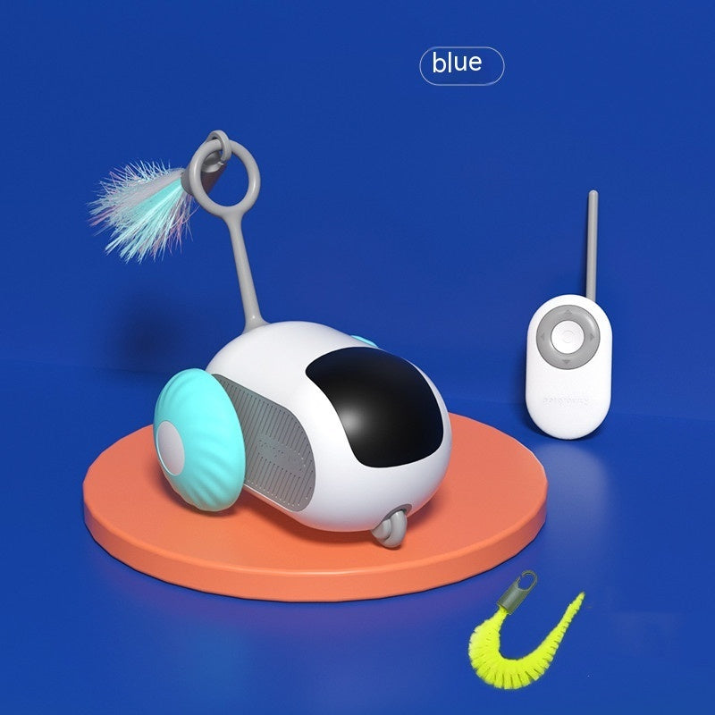 Remote control cat toy with blue wheels and feather attachment displayed with remote and yellow worm toy on blue background