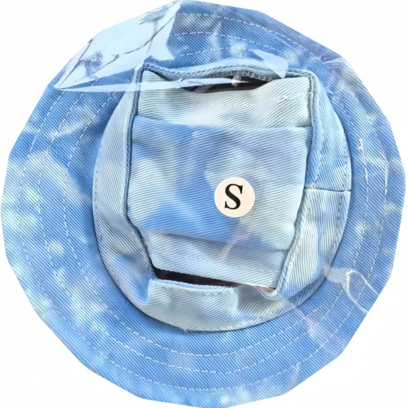 Top view of blue tie-dye breathable dog bucket hat with inner strap labeled size S
