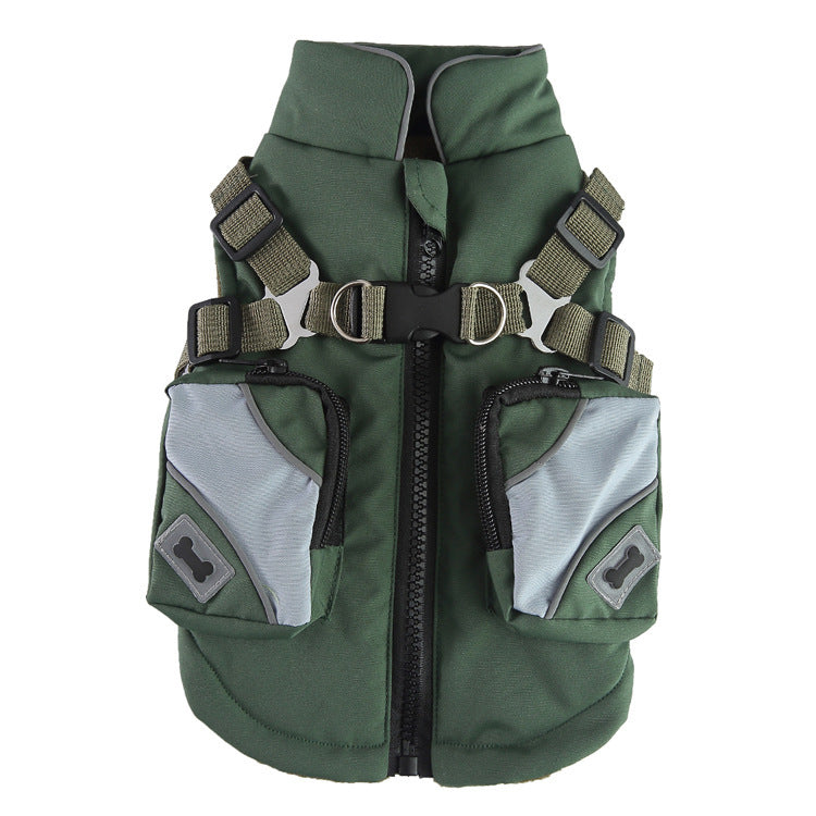 Green insulated dog vest with zipper front, adjustable harness straps, and dual leash rings