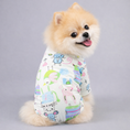 Charger l'image dans la visionneuse de la galerie, Small fluffy dog wearing white pajamas featuring colorful cartoon animals and shapes, smiling and sitting
