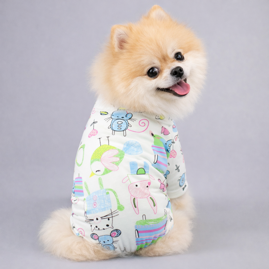 Small fluffy dog wearing white pajamas featuring colorful cartoon animals and shapes, smiling and sitting
