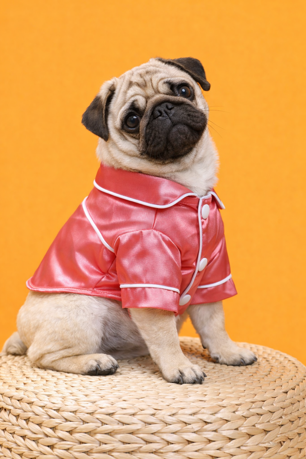 Close-up side view of pink silky dog pajama shirt with white buttons and piping on mannequin