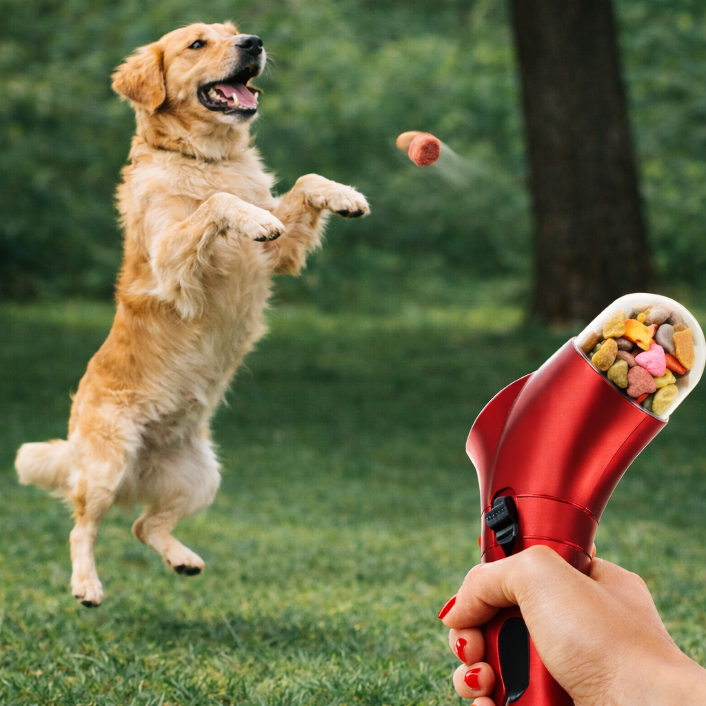 Golden retriever dog jumping to catch treat launched outdoors from red interactive pet treat launcher