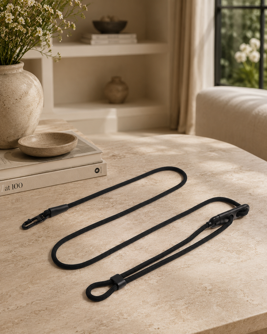 Black adjustable rope dog leash with black clip and adjuster