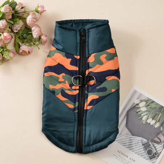 Green and orange camouflage padded dog jacket with zipper and D-ring leash attachment