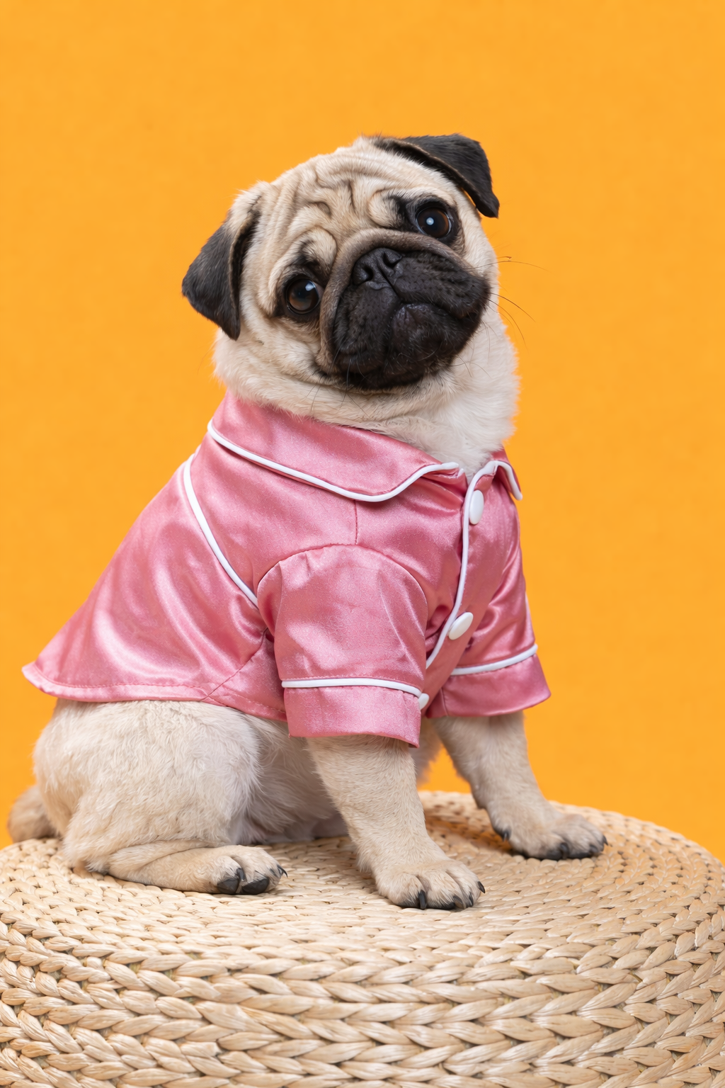 Small pug dog wearing pink silky pajama shirt with white piping sitting on woven mat