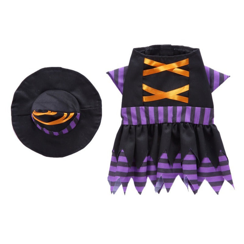 Flat lay image of small black witch hat with orange ribbon and matching purple and black striped witch dress costume.