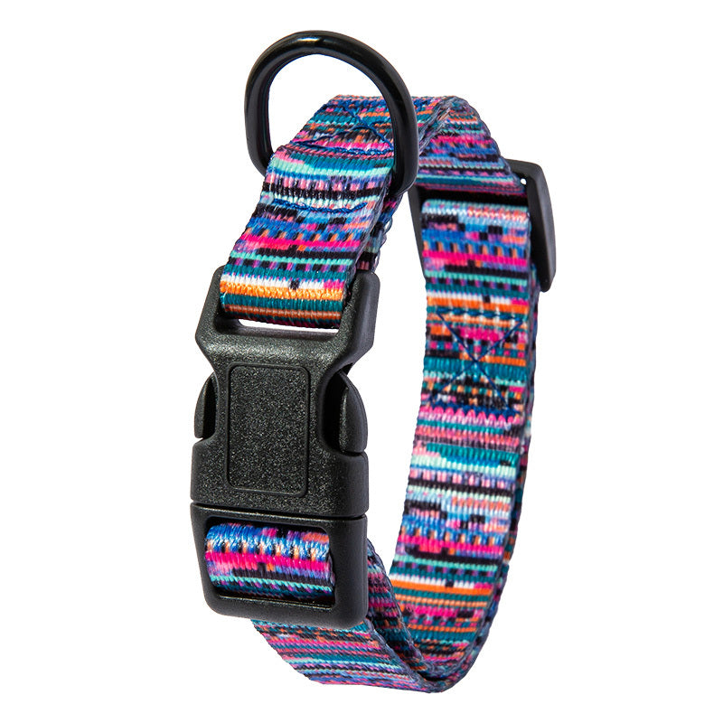 Close-up of plastic buckle and D-ring on pink, blue, and black stripe pattern dog collar