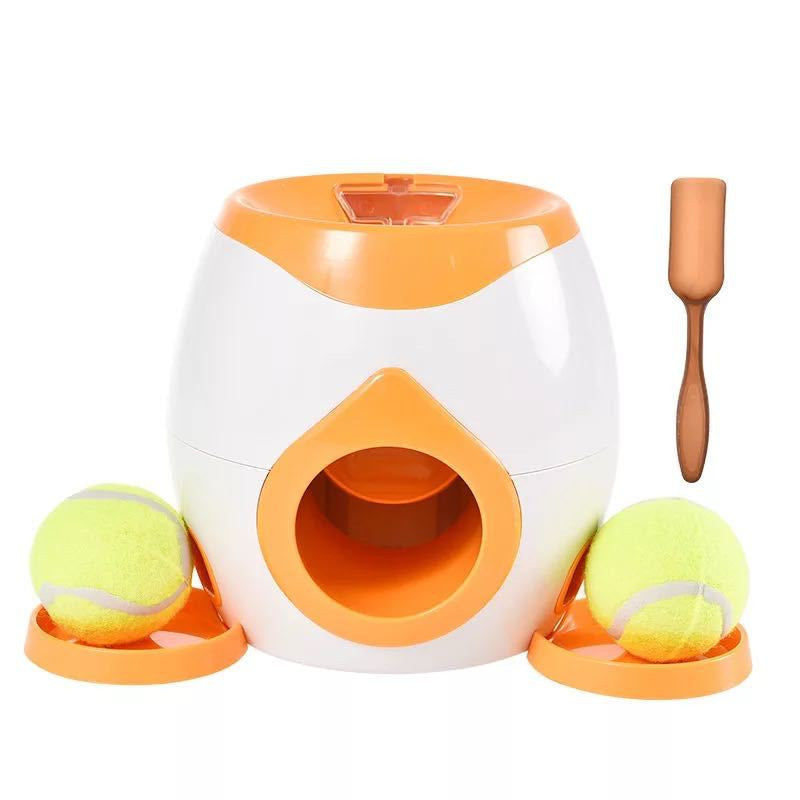 Orange and white variant of the feeder with tennis balls and scoop