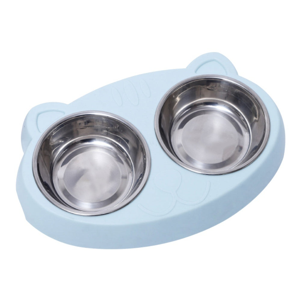 Light blue cat-shaped plastic double bowl stand with shiny stainless steel bowls inserted