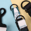 Load image into Gallery viewer, Close-up of stitching and black metal D-rings on green and white nylon dog harness
