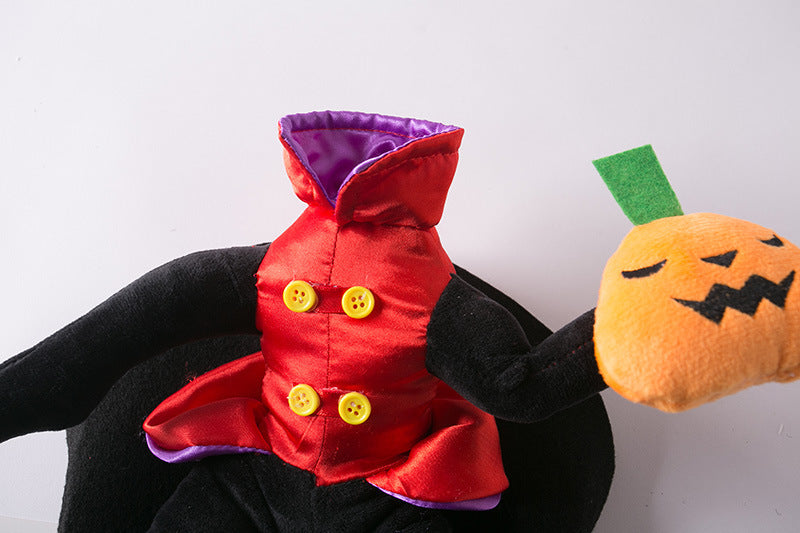 Close-up of headless man dog costume showing red satin jacket with yellow buttons and soft plush arms holding a pumpkin plush