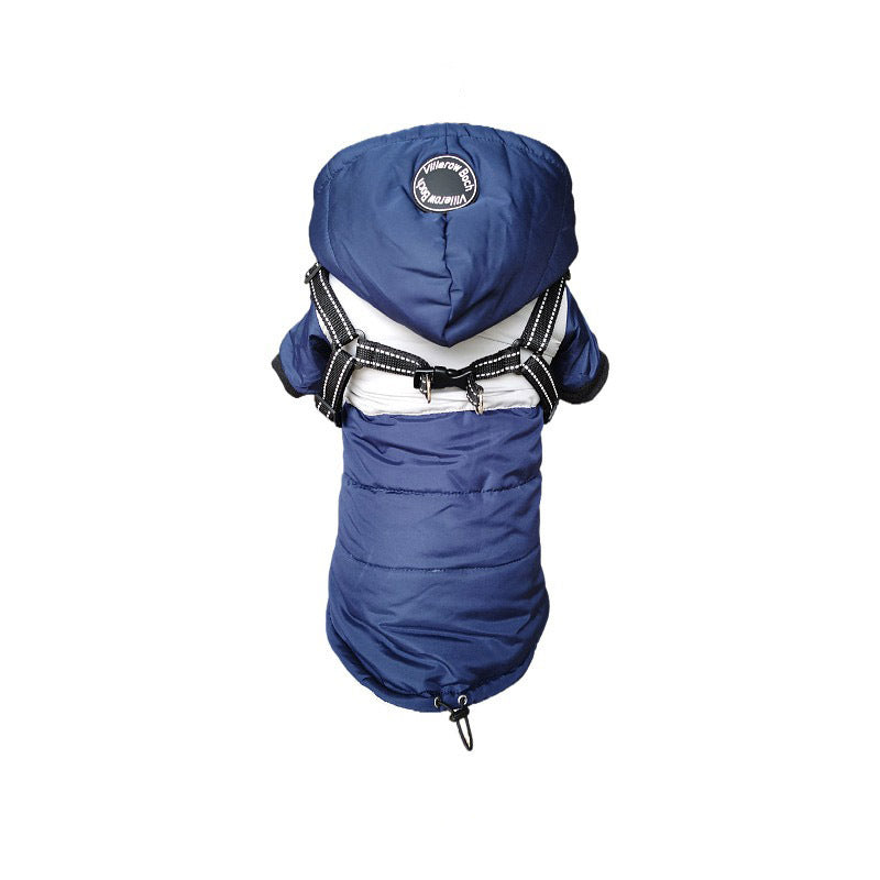 Blue insulated dog jacket with hood and built-in black reflective harness displayed from back
