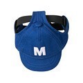 Blue pet baseball cap with embroidered white letter M and adjustable strap