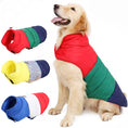 Cargar la imagen en la vista de la galería, Golden retriever sitting wearing a red, green, and navy blue dog jacket alongside two other jackets in yellow and red color variants
