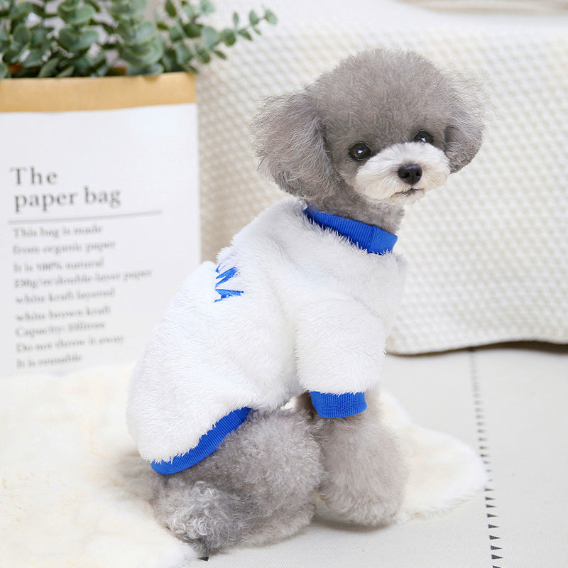 Small gray dog sitting and wearing white Arizona fleece dog jumper with blue collar and cuffs