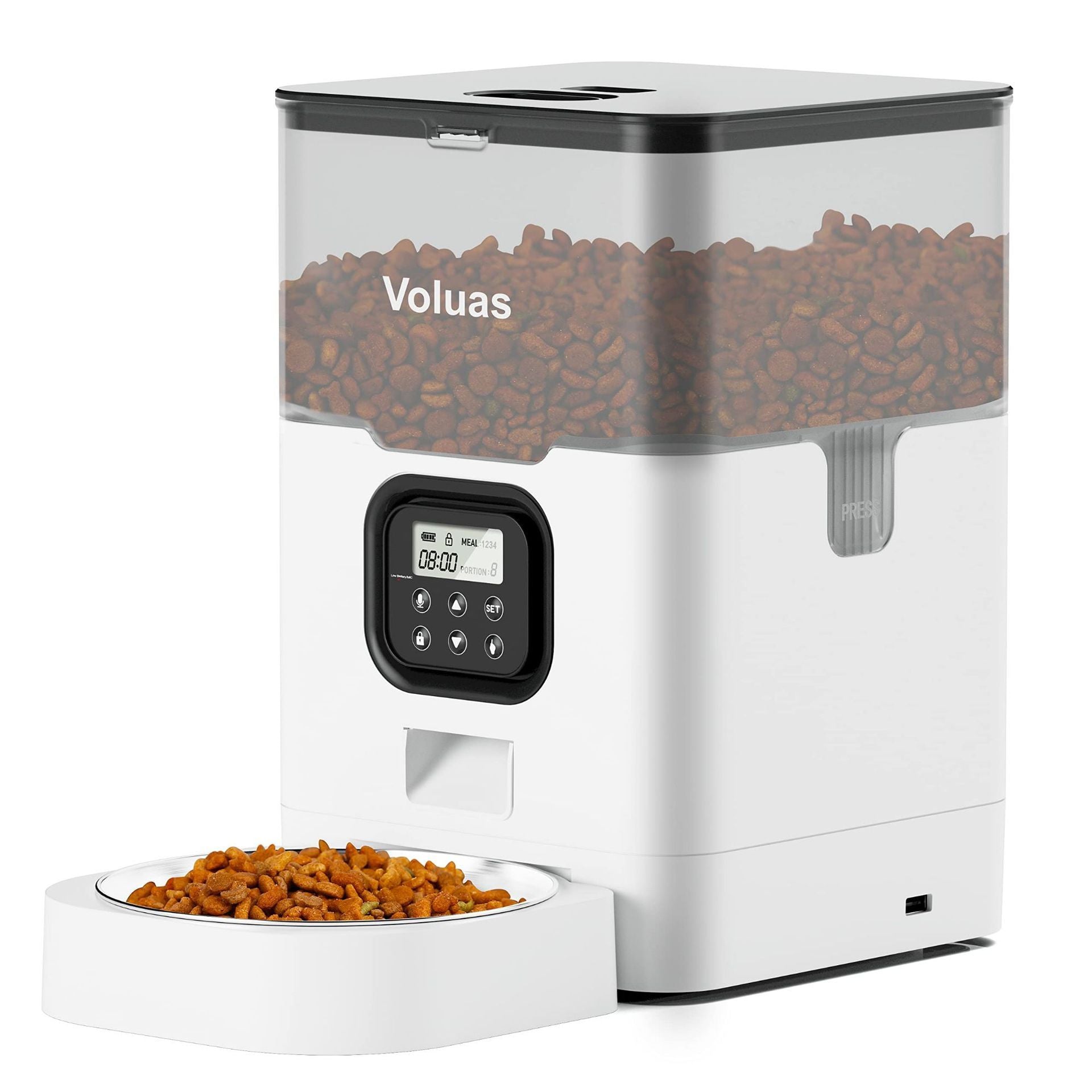 Black automatic pet food feeder with dual stainless steel feeding bowls filled with dry pet food