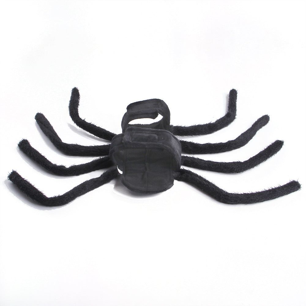Back view of black plush spider costume showing eight furry legs laid flat