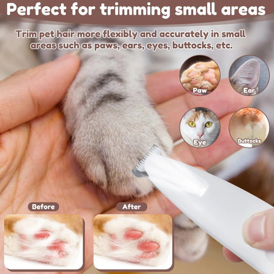 Trimmer in use trimming cat's paw hair showing before and after effect