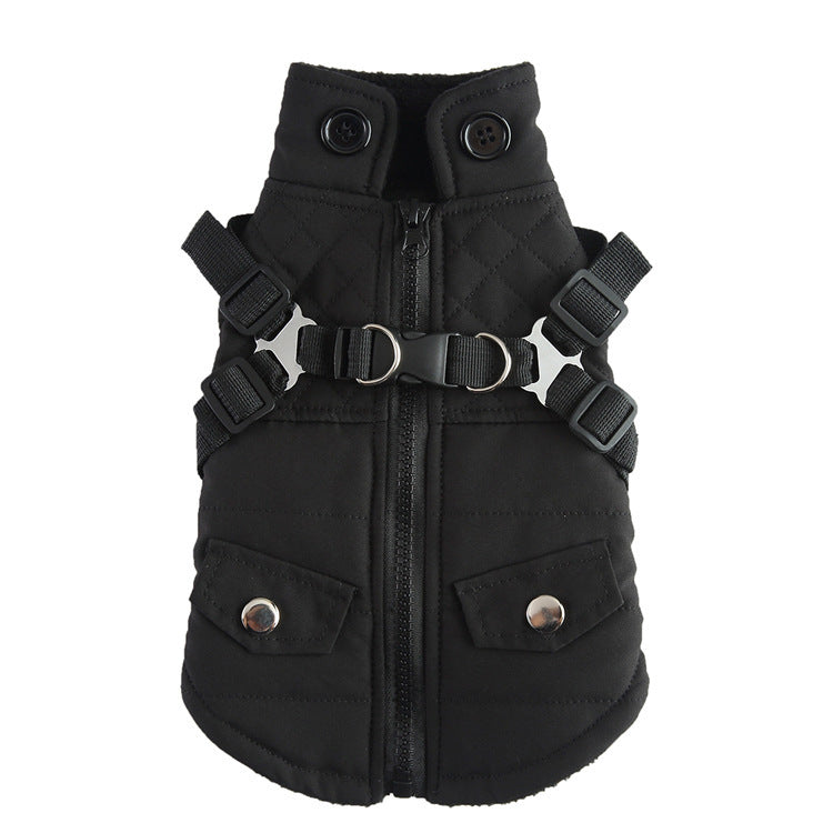 Black quilted winter dog vest with collar, zipper front, harness straps, and snap pockets
