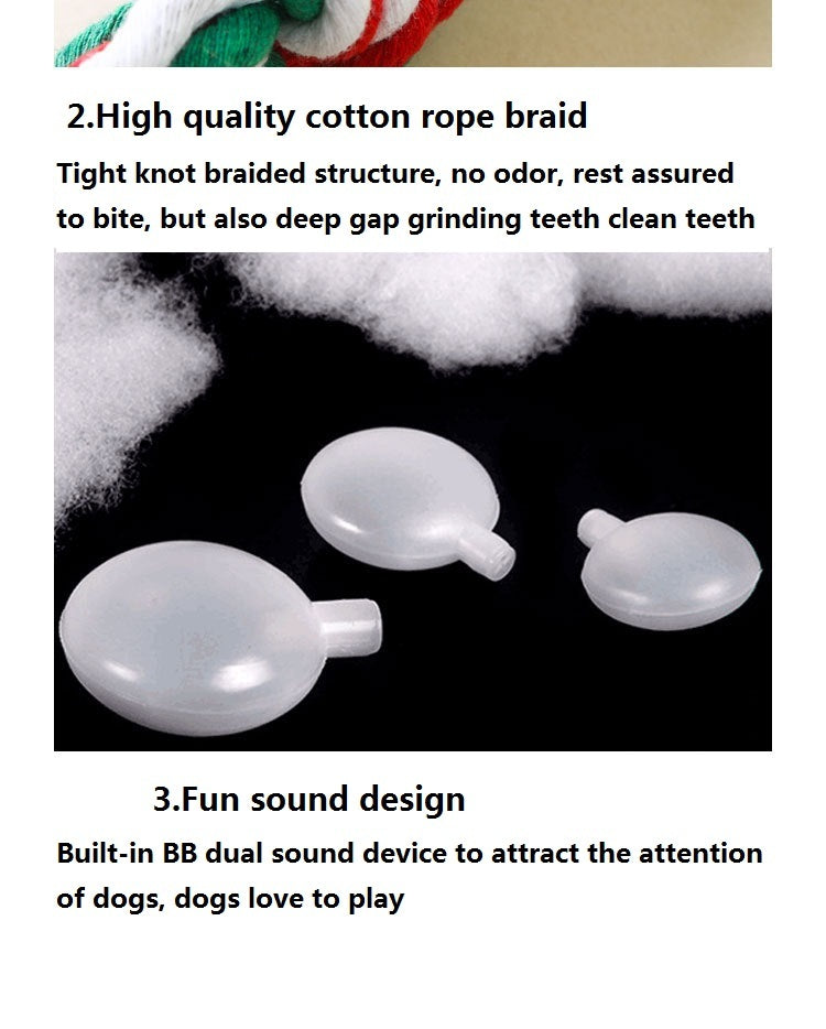 Close-up of braided multicolor cotton rope and photo of dual BB sound devices inside toys