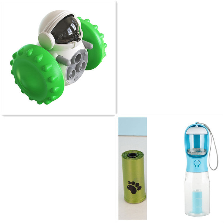 Green wheeled interactive slow-feed pet toy shown from two angles