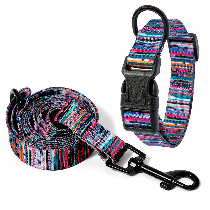 Set of dog collar and matching leash in pink, blue, black stripe pattern displayed on white background