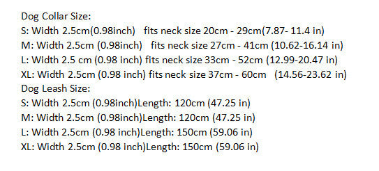 Size chart detailing collar neck sizes and leash lengths in centimeters and inches