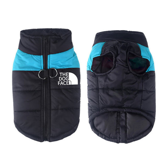 Front and back view of black and blue waterproof dog vest with padded insulation and dual D-ring leash attachment