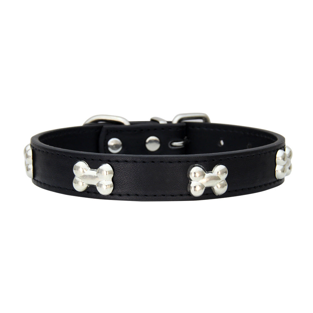 Black PU leather dog collar featuring silver bone studs