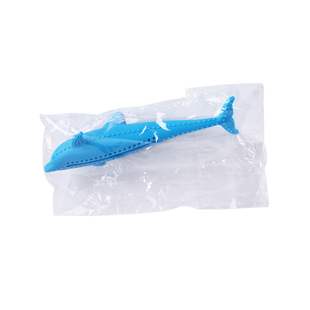 Blue fish-shaped silicone molar stick sealed in clear plastic packaging