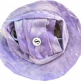 Load image into Gallery viewer, Top view of purple tie-dye breathable dog bucket hat with inner elastic strap labeled size S
