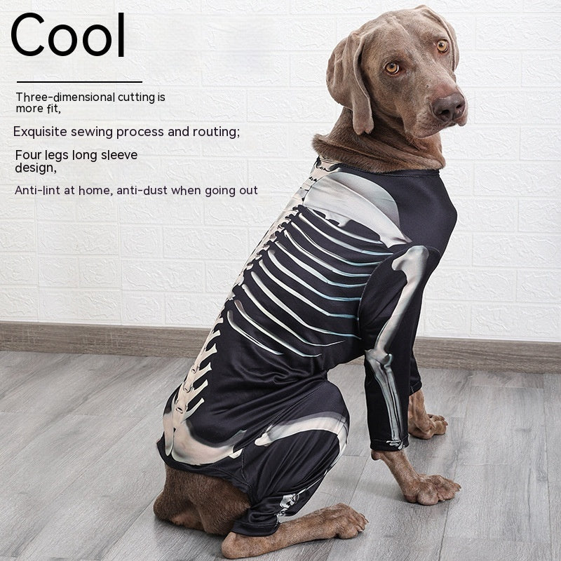 Dog laying down in skeleton costume showing spine and ribs 3D bone print on black fabric