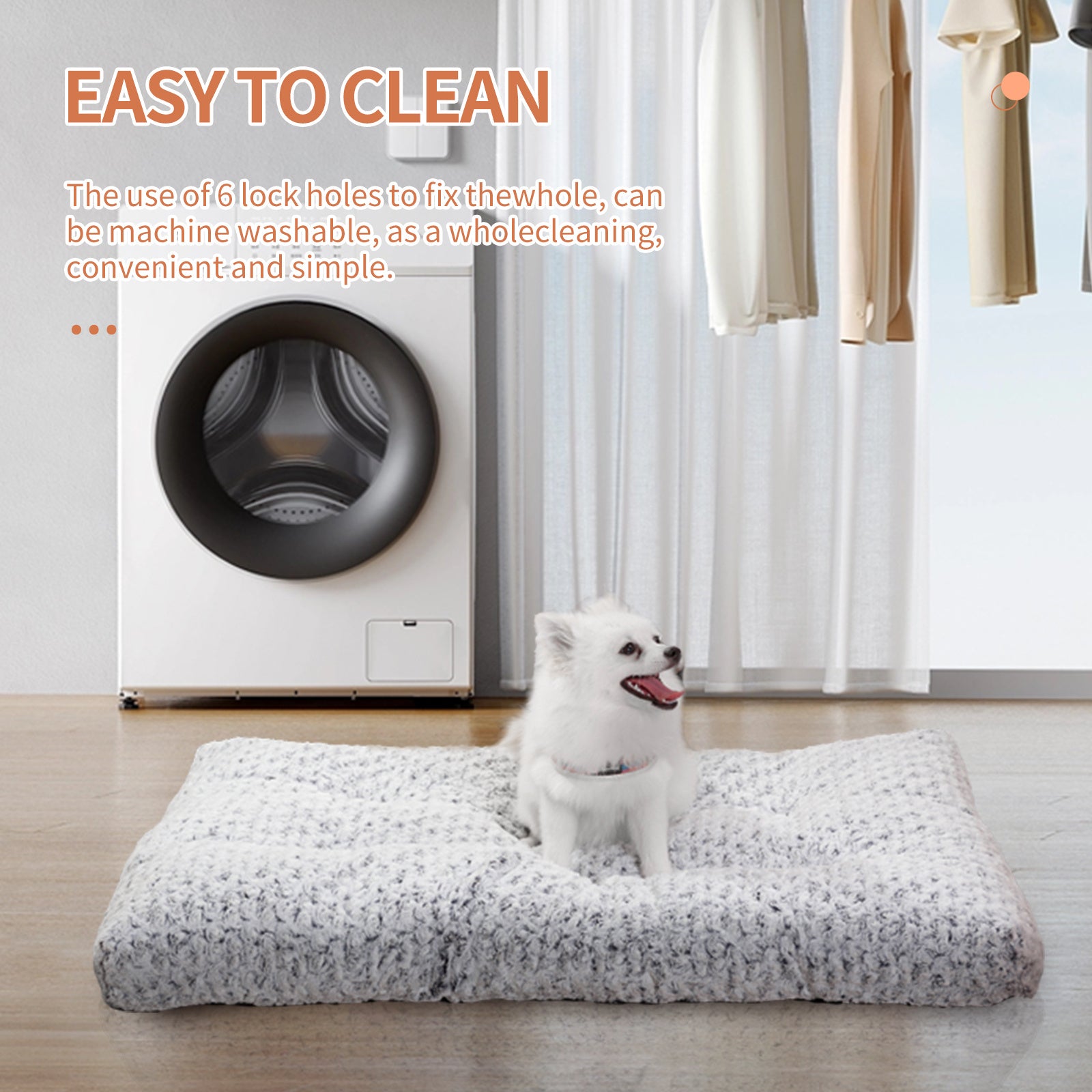 Small white dog sitting happily on a plush light gray dog bed next to a washing machine with text about easy cleaning and machine washability