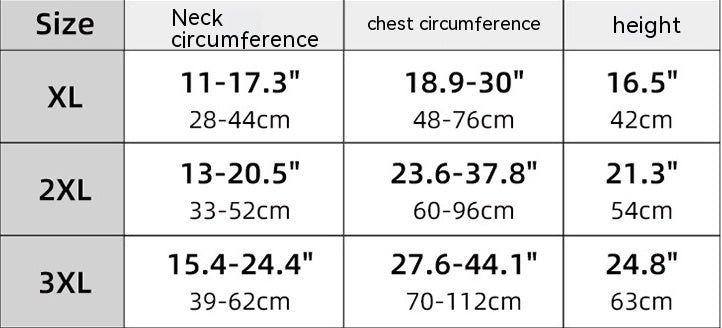 Size chart chart with measurements for dog neck circumference, chest circumference, and height in XL, 2XL, and 3XL